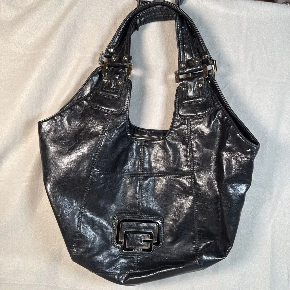 Vintage GUESS Black Large Hobo Tote Handbag Gold Logo Slouchy Shoulder Bag Y2K